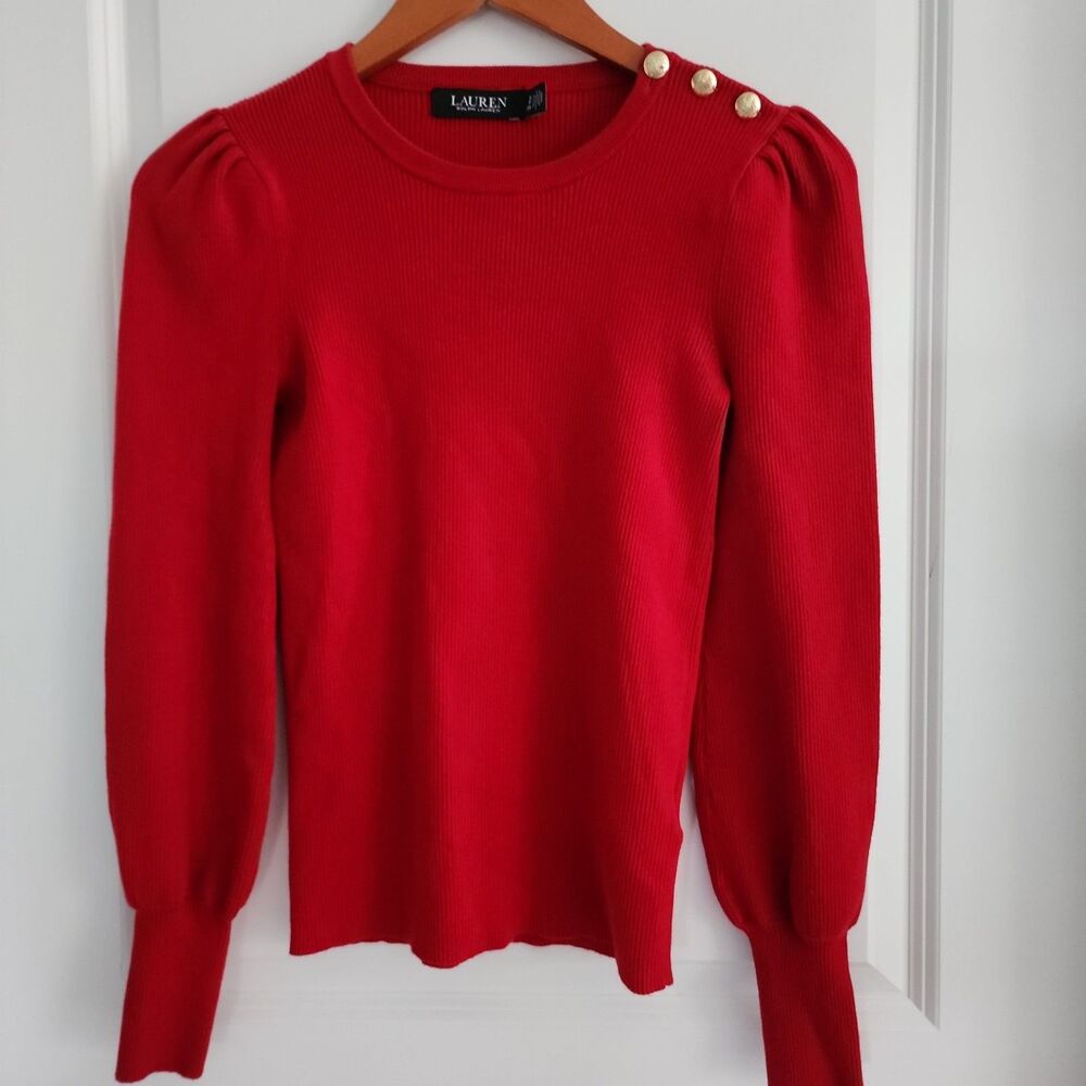 Lauren Ralph Lauren Sweater Womens S Red Puff Sleeve Gold Buttons Black Label